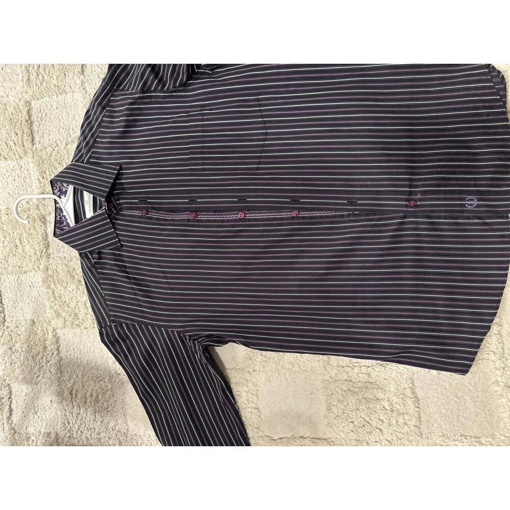 Bugatchi Uomo Mens Purple Striped Long Sleeve Flip Cuff